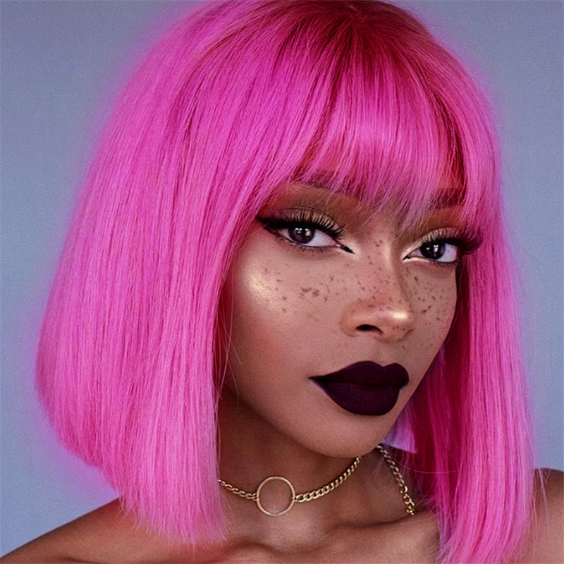Pink Short Straight Bob Wigs With Bangs machine made SuperNova Wig