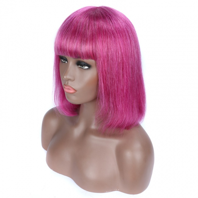 Pink Short Straight Bob Wigs With Bangs Machine Made Supernova Wig